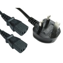 UK 13A Plug to 2 x IEC C13 Connectors Power Cable – 2m – Black – Fused Mains Lead